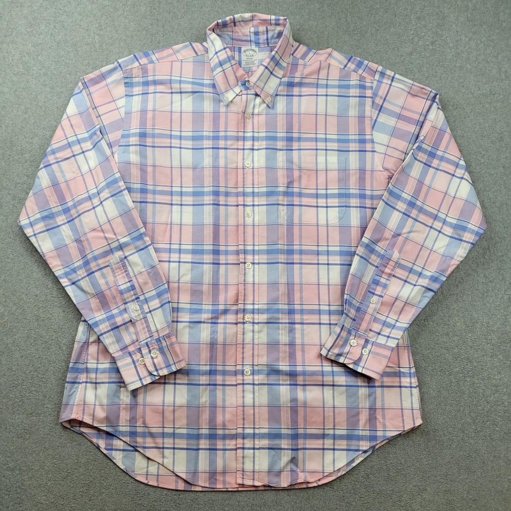 Brooks Brothers Button Down Shirt Mens Large Pink Plaid Regent‎ Supima Cotton
